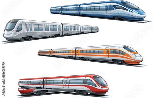High speed modern passenger trains collection, electric railway transport set for travel and logistics, isolated on white flat vector illustration