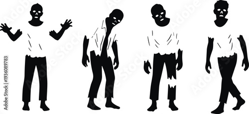 Set of four black and white vector silhouette illustrations of scary walking zombies with torn clothes isolated on a clean white background for Halloween design.