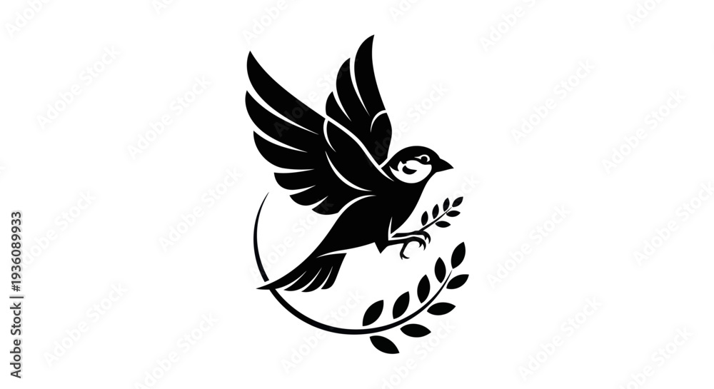 Obraz premium Flying bird silhouette with olive branch