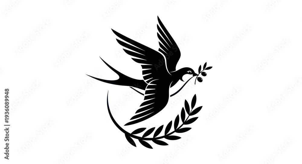 Fototapeta premium Flying bird silhouette with olive branch
