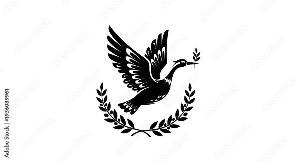 Fototapeta premium Flying bird silhouette with olive branch