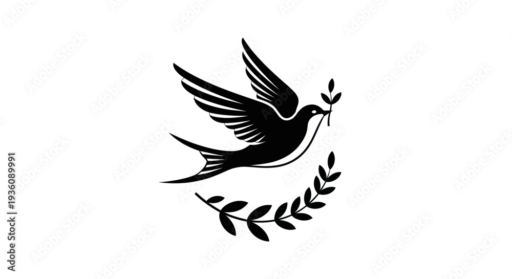 Obraz premium Flying bird silhouette with olive branch