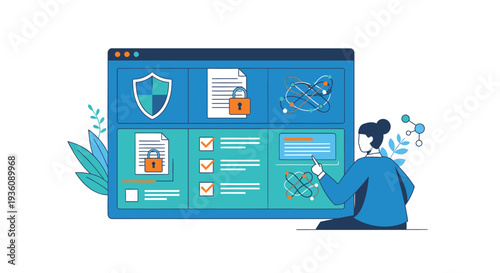 Vector illustration of a woman working on a computer with cybersecurity icons