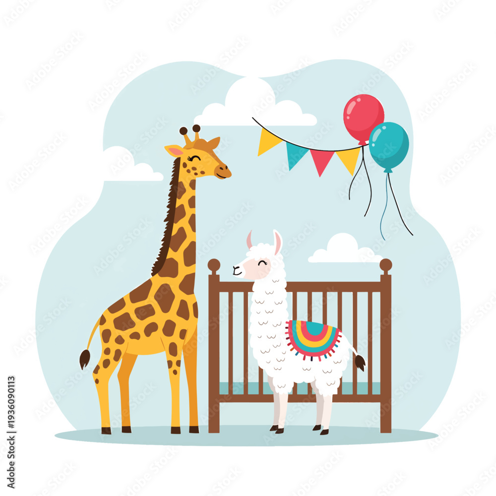 Obraz premium Giraffe and Llama at Baby's Birthday Party