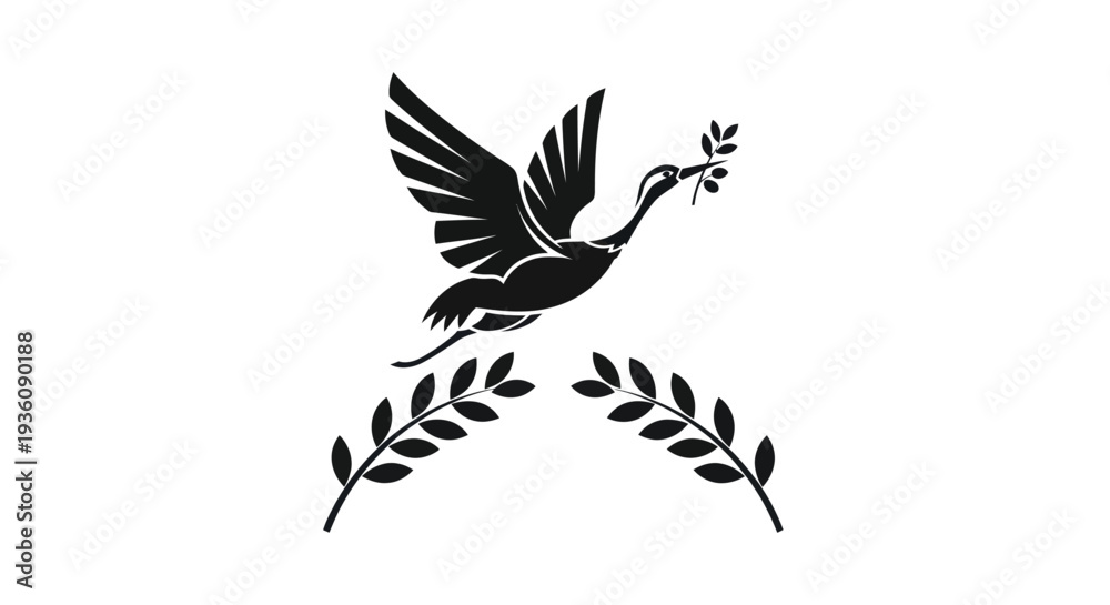 Obraz premium Flying bird silhouette with olive branch