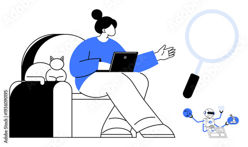 Technology learning, remote work, digital analysis, future innovation, AI research, STEM fields. Woman sitting with laptop, cat nearby robot figures and magnifying glass. Technology learning and AI