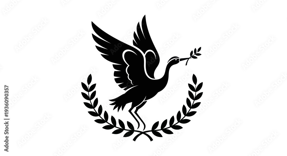 Fototapeta premium Flying bird silhouette with olive branch