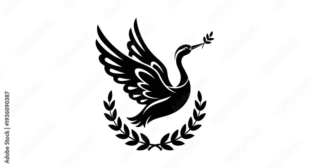 Fototapeta premium Flying bird silhouette with olive branch