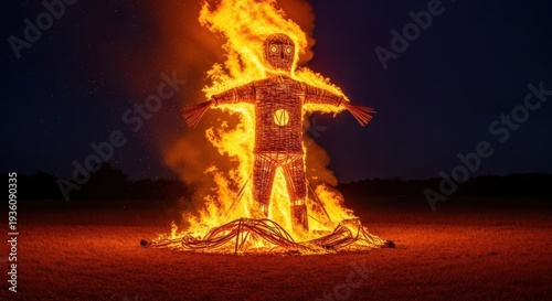 A large effigy of a figure burns brightly in a bonfire at dusk, with flames engulfing it