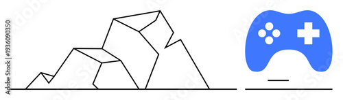 Gaming, creativity, digital entertainment, modern design, artistic concepts, abstract visuals. Geometric rock-thumbs up shapes next to a blue gaming controller. Gaming and creativity concept