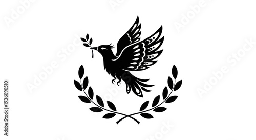 Flying bird with branch and laurel wreath