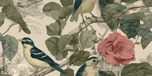 Vintage tropical bird and floral botanical illustration with exotic parrots and lush green leaves for luxury textiles, home decor, wallpapers, and elegant fashion branding.