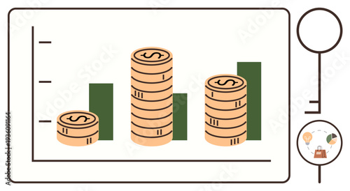 Business analysis, investment growth, financial planning, economic trends, savings management, wealth creation. Stacked coins with bar graph. Investment growth and financial planning concept