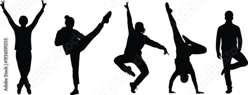 Energetic dance and breakdance silhouette collection, active people performing dynamic action poses isolated on white background vector illustration set