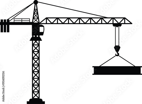 Minimal vector silhouette, tower crane lifting a concrete slab, solid black, isolated on white