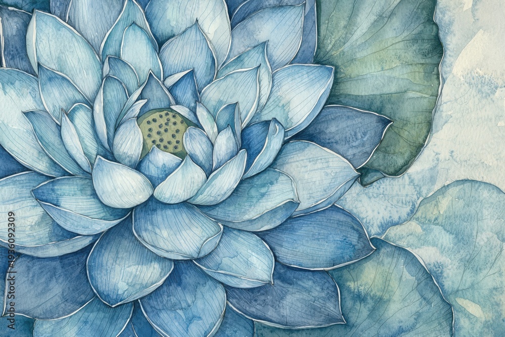 Obraz premium White Lotus Blossom with Blue Watercolor Background