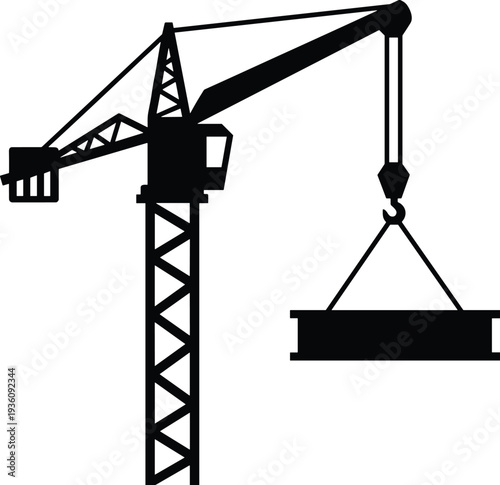 Minimal vector silhouette, tower crane lifting a concrete slab, solid black, isolated on white
