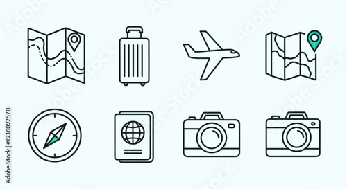 Travel icons map airplane camera compass