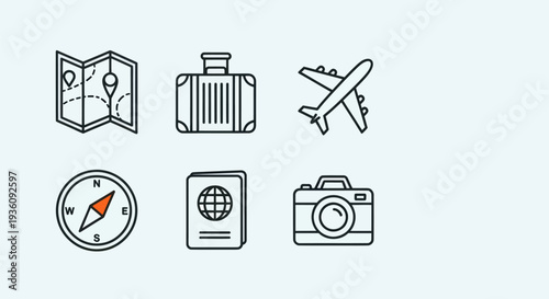 Travel icons map suitcase airplane compass