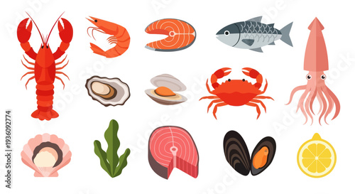 Variety of seafood illustrations on white