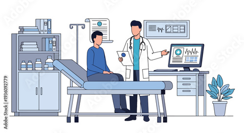 Modern flat vector illustration of doctor consulting patient in examination room representing medical checkup, diagnosis and professional healthcare treatment