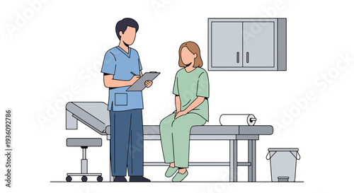Modern flat vector illustration of doctor consulting patient in examination room representing medical checkup, diagnosis and professional healthcare treatment
