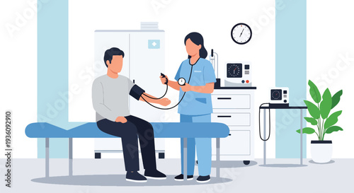 Modern flat vector illustration of nurse measuring patient blood pressure in clinic representing routine health monitoring and preventive healthcare service