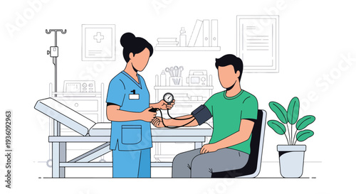 Modern flat vector illustration of nurse measuring patient blood pressure in clinic representing routine health monitoring and preventive healthcare service
