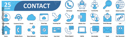 Contact icon set In Blue Style, Vector Illustration. Contain icons related to message, phone, buttons, support, location, chat, business, mobile, address