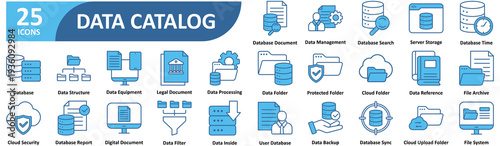 Data Catalog icon set In Blue Style, Vector Illustration. Contain icons related to database, table, column, row, record, entry, asset, source, lineage, governance 