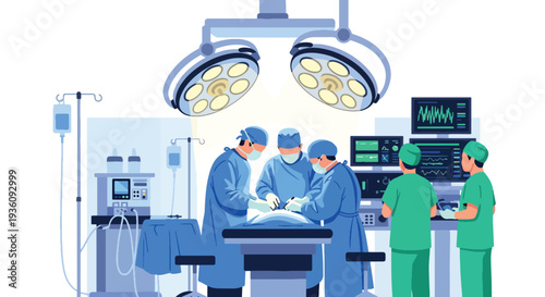 Modern flat vector illustration of surgeons performing operation in operating room representing advanced healthcare treatment and professional medical teamwork