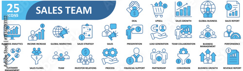 Sales team icon set In Blue Style, Vector Illustration. Contain icons related to marketing, salesperson, team, crm, icon, profit, growth, prospect, conversion, funnel