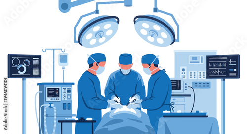 Modern flat vector illustration of surgeons performing operation in operating room representing advanced healthcare treatment and professional medical teamwork