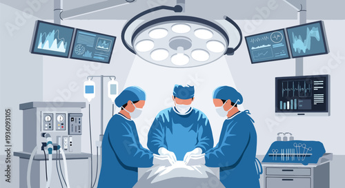 Modern flat vector illustration of surgeons performing operation in operating room representing advanced healthcare treatment and professional medical teamwork