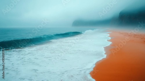 Misty Ocean Waves Crashing on Orange Sand Beach wallpaper