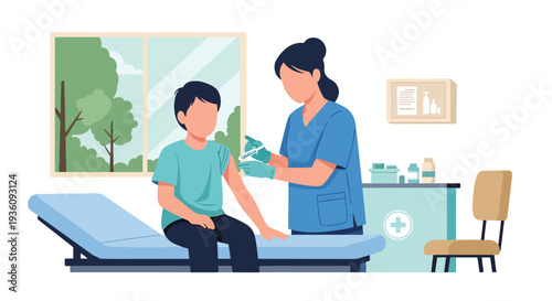 Modern flat vector illustration of nurse giving vaccination to child in clinic representing preventive healthcare, immunization and public health protection