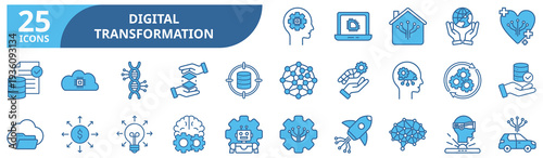 Digital Transformation icon set In Blue Style, Vector Illustration. Contain icons related to transformation, technology, innovation, automation, cloud, datum, ai, software