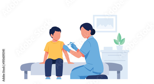 Modern flat vector illustration of nurse giving vaccination to child in clinic representing preventive healthcare, immunization and public health protection