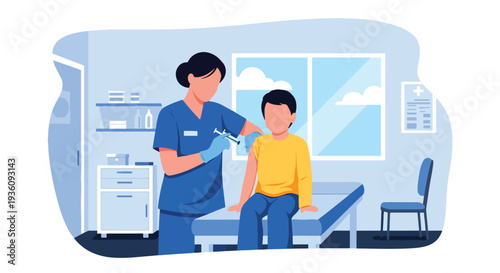 Modern flat vector illustration of nurse giving vaccination to child in clinic representing preventive healthcare, immunization and public health protection
