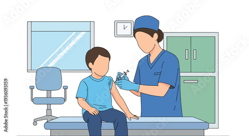 Modern flat vector illustration of nurse giving vaccination to child in clinic representing preventive healthcare, immunization and public health protection