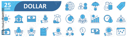 Dollar icon set In Blue Style, Vector Illustration. Contain icons related to financial, asset, wealth, budget, investment, value, salary, pay, exchange, economy, profit