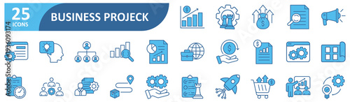 Business project icon set In Blue Style, Vector Illustration. Contain icons related to project, task, plan, process, performance, productivity, strategy, goal