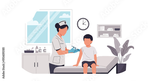 Modern flat vector illustration of nurse giving vaccination to child in clinic representing preventive healthcare, immunization and public health protection