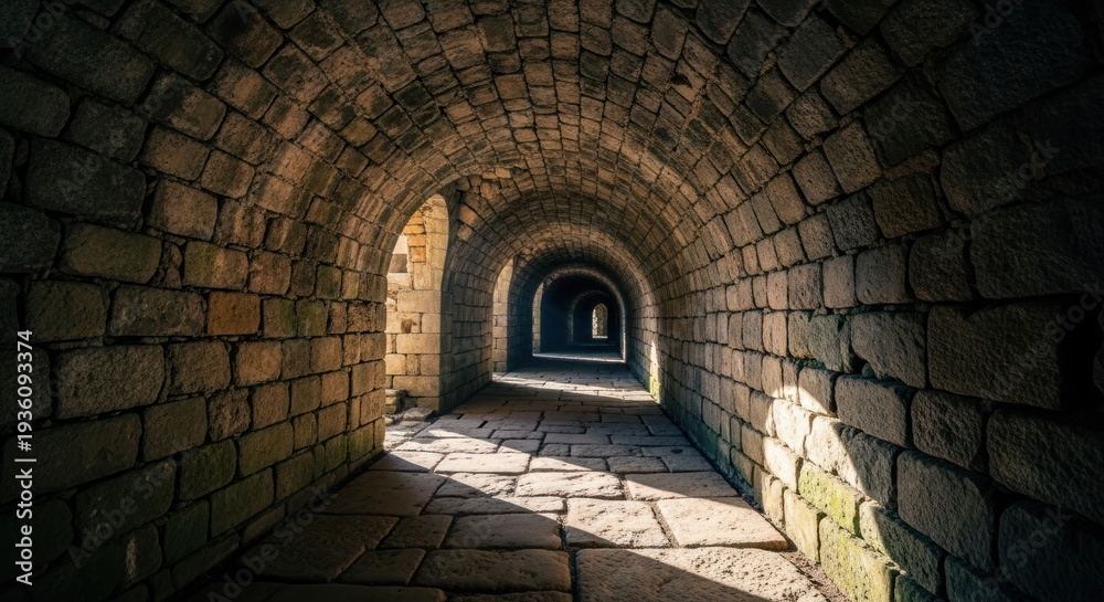 Obraz premium Dimly lit stone tunnel with arched ceiling and sunlight illuminating the path forward