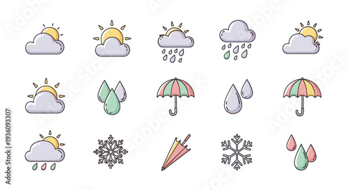 Weather icons sun clouds rain and snow