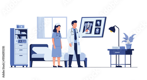 Modern flat vector illustration of doctor examining X-ray image with nurse representing diagnostic imaging, analysis and professional healthcare evaluation