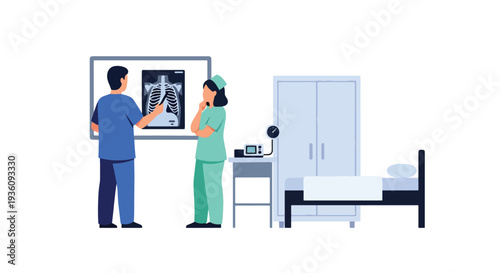Modern flat vector illustration of doctor examining X-ray image with nurse representing diagnostic imaging, analysis and professional healthcare evaluation