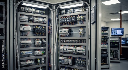 Detailed close-up of an opened electrical control panel with various circuits and wiring