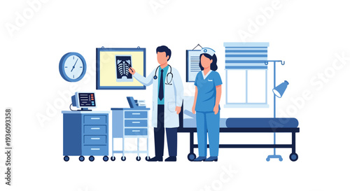 Modern flat vector illustration of doctor examining X-ray image with nurse representing diagnostic imaging, analysis and professional healthcare evaluation