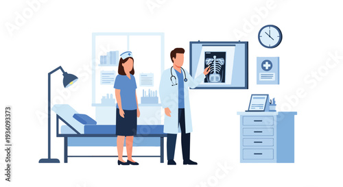 Modern flat vector illustration of doctor examining X-ray image with nurse representing diagnostic imaging, analysis and professional healthcare evaluation